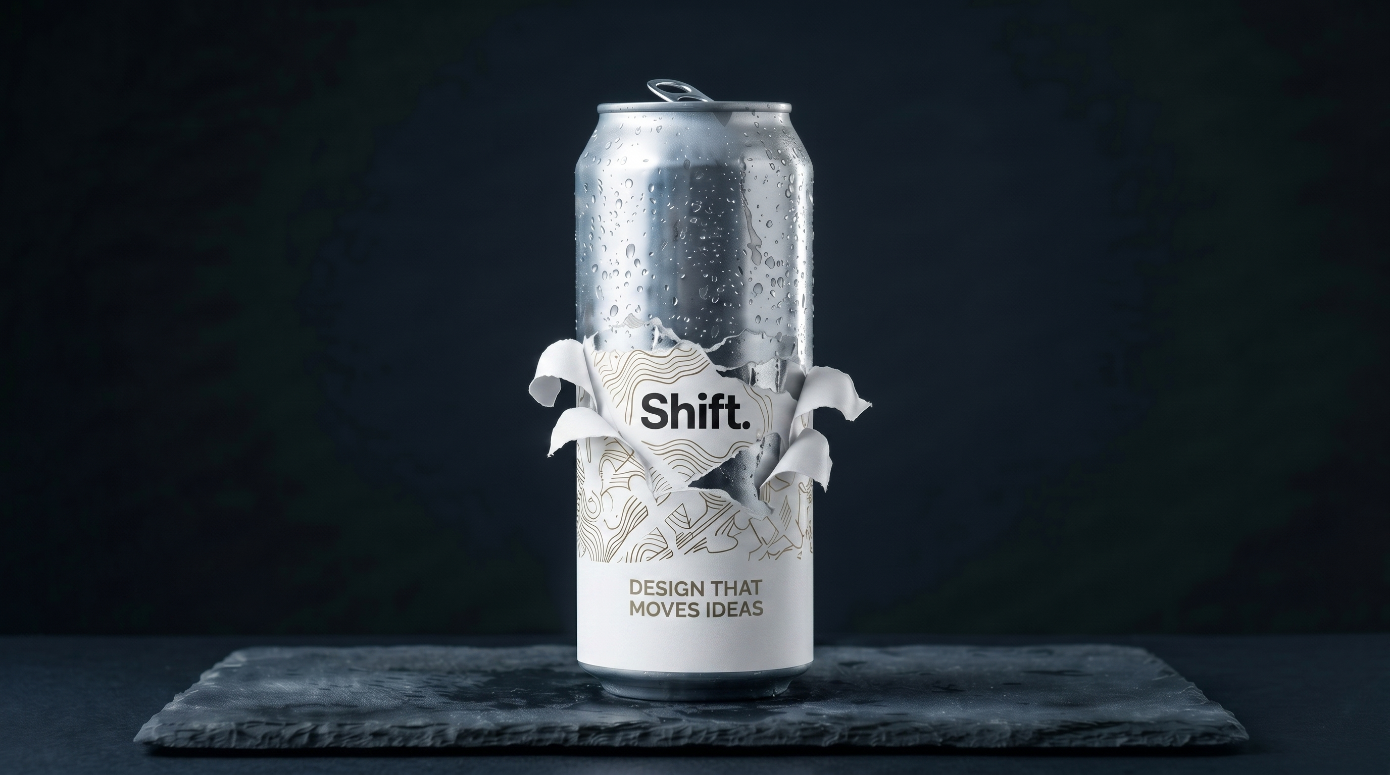 Fotografia beverage — lattina Shift Agency su ardesia, packaging design mockup