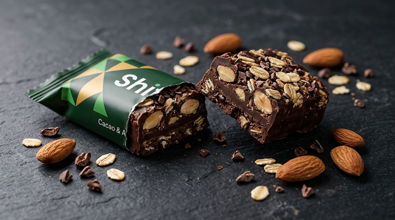 Fotografia packaging — barretta Shift cacao e mandorle, still life professionale