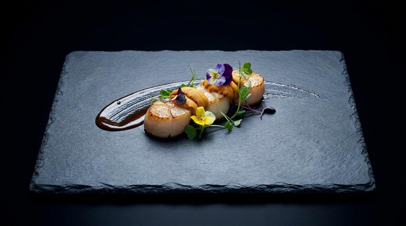 Fotografia food professionale — capesante su ardesia con ricci di mare e fiori edibili