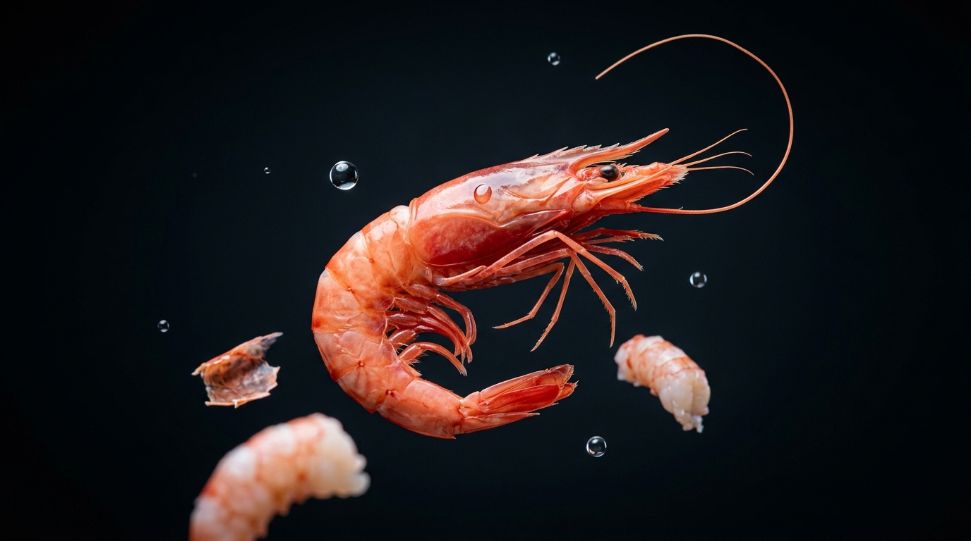 Fotografia food creativa — gambero rosso in levitazione su sfondo nero